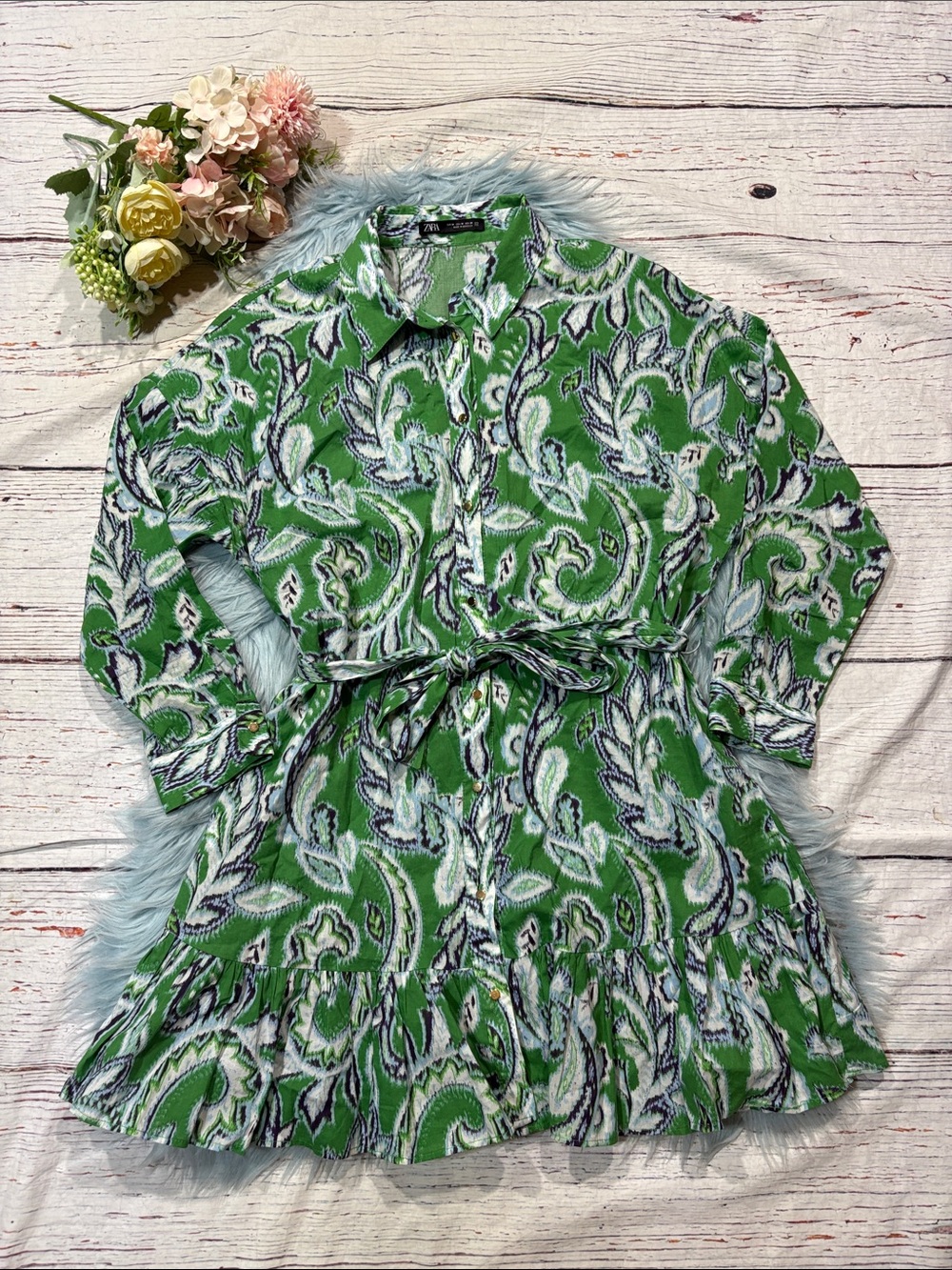Zara Green White Paisley Mini Dress - Picture 2 of 9